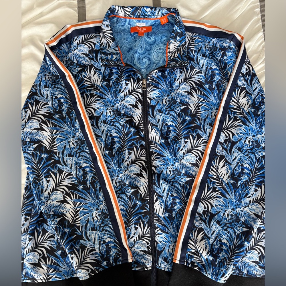 TALLIA Blue Paisley Athletic Zip Jacket with Orange Trim